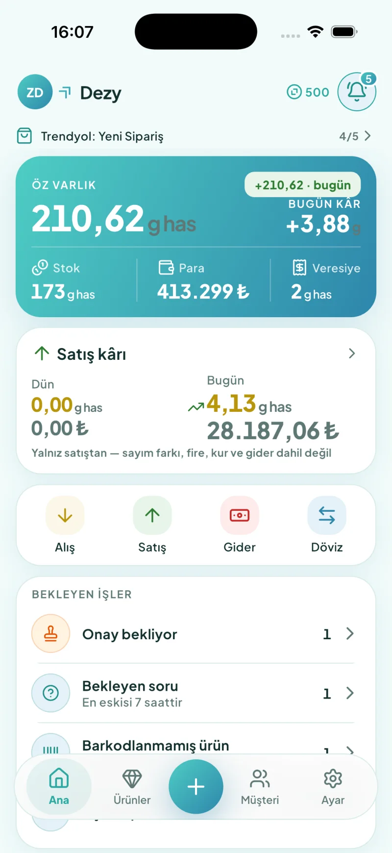 Dezy mobil uygulama ana ekranı: kasa özeti ve canlı altın fiyatları