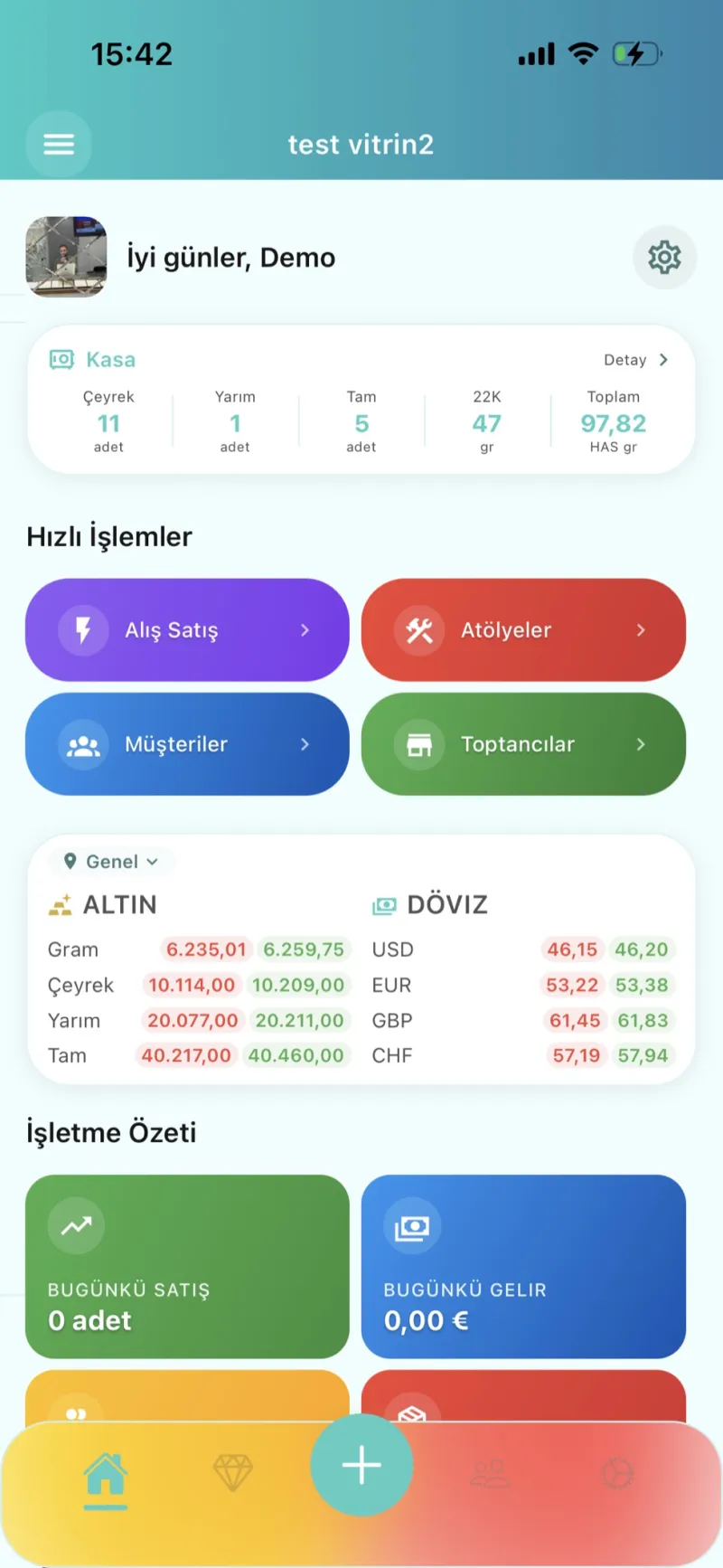 Dezy mobil uygulama kontrol paneli — kasa özeti ve canlı altın fiyatları (demo hesap)